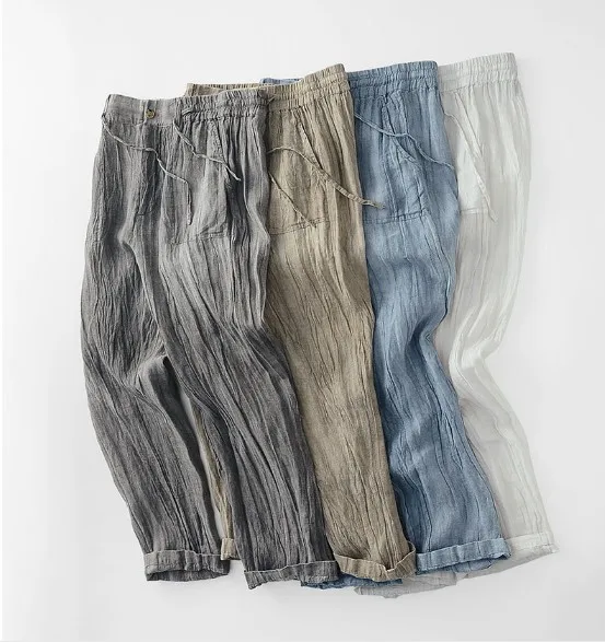 

High Quality Customized Fashionable Straight Cotton Linen Trousers Men's Long Pants