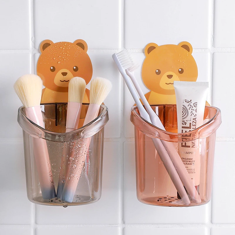 

Punch-Free Storage Rack Bathroom Supplies Organizer Bathroom Accessories Teddy Bear Wall Mounted Kids Toothbrush Holder Cup, Grey/brown