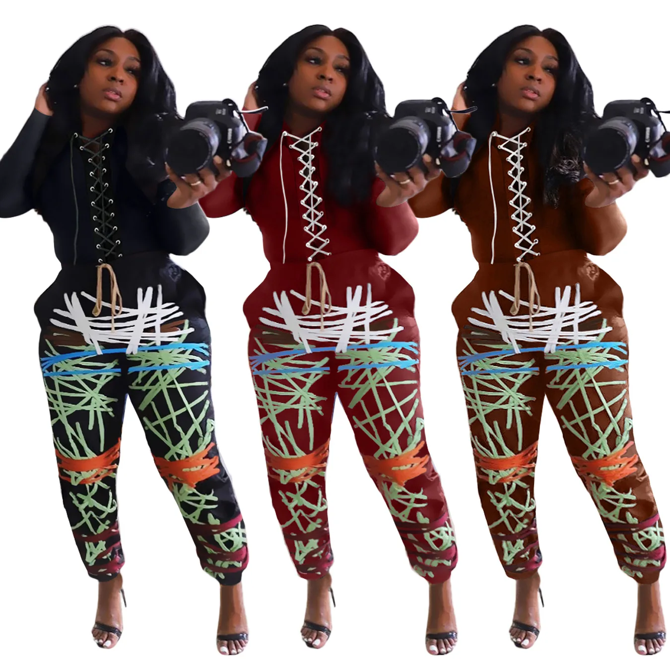 

Contrasting line printed pants and hooded long two-piece suit, Custom color