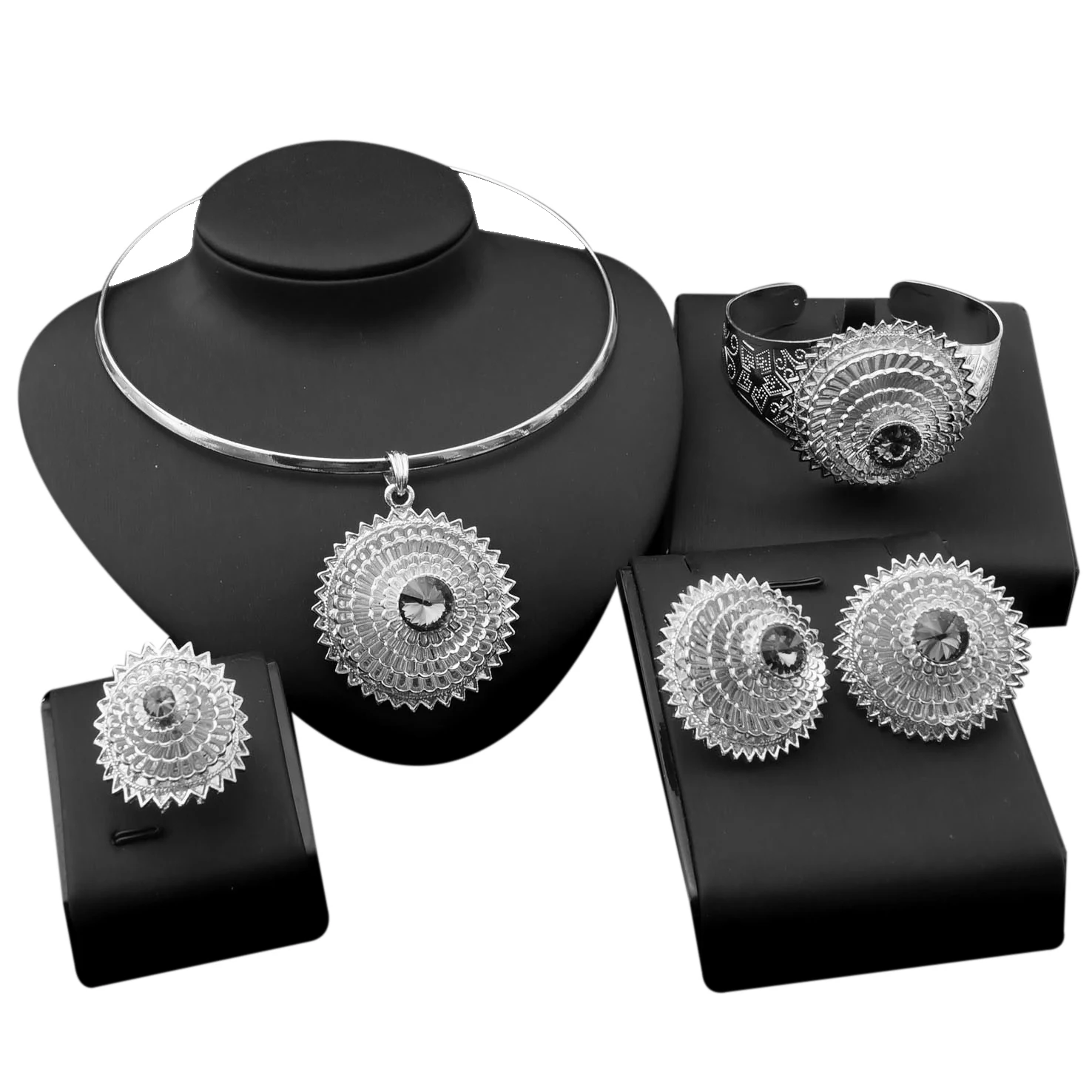 

Yulaili Fashion Vintage Silver Romanian Gold Style Jewelry Sets Bridal Costume Wedding Round Shape Stud Earring Necklace Sets