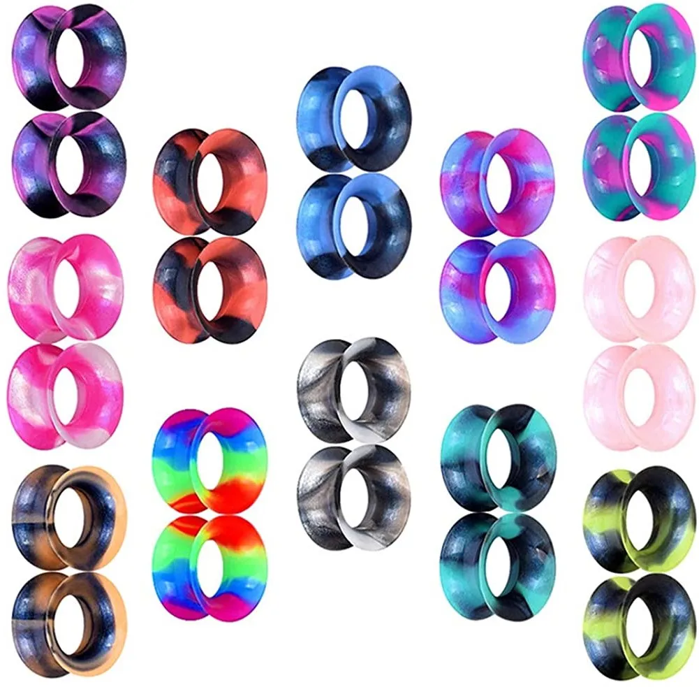 

fashion ear plugs flesh tunnels double flared gauges mixed color metallic flexible thin silicone piercing jewelry