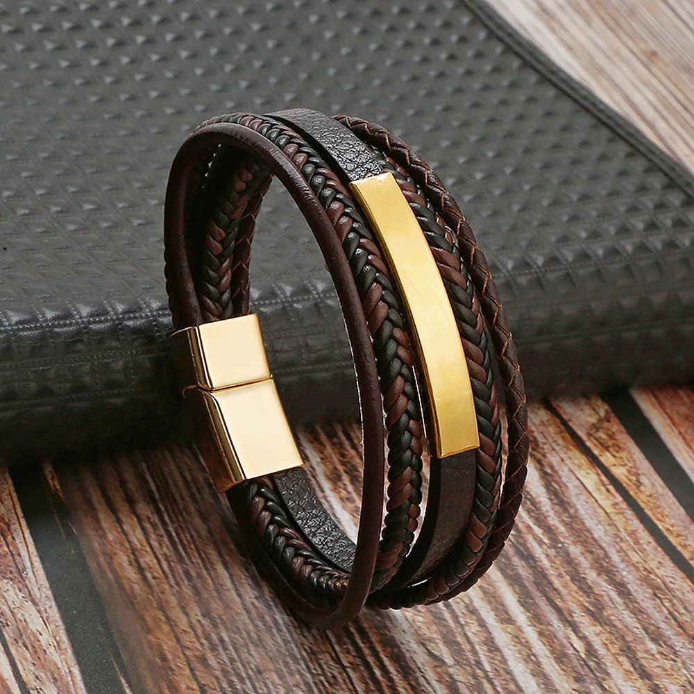 

Braided Men Leather Wrist Bangle Bracelet Multilayer Magnetic Clasp Genuine Leather Bracelet Pulseras De Cuero