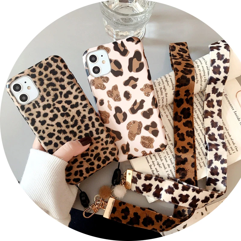 

Fashion Women Leopard Print Phone Cases For iPhone 11 Pro Max Xs Max 7 8 Plus Moblie Back Cover With Wrist Strap