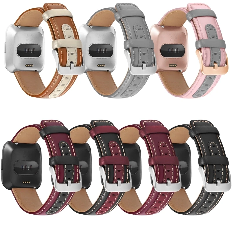 

For Fitbit Versa 2/Versa/Versa Lite Pure Color & Two Colors Replacement Strap Greece Leather Watch Band, 7 colors