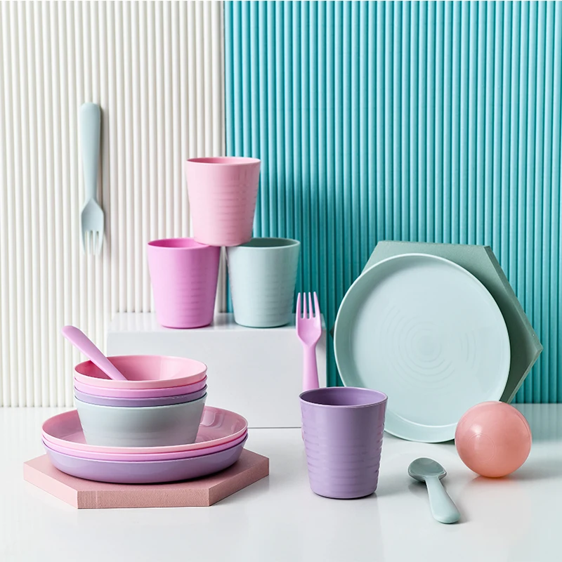 

Wholesale Cheap Wheat Straw Fiber Healthy Children Tableware Dinner Plastic Plate Set