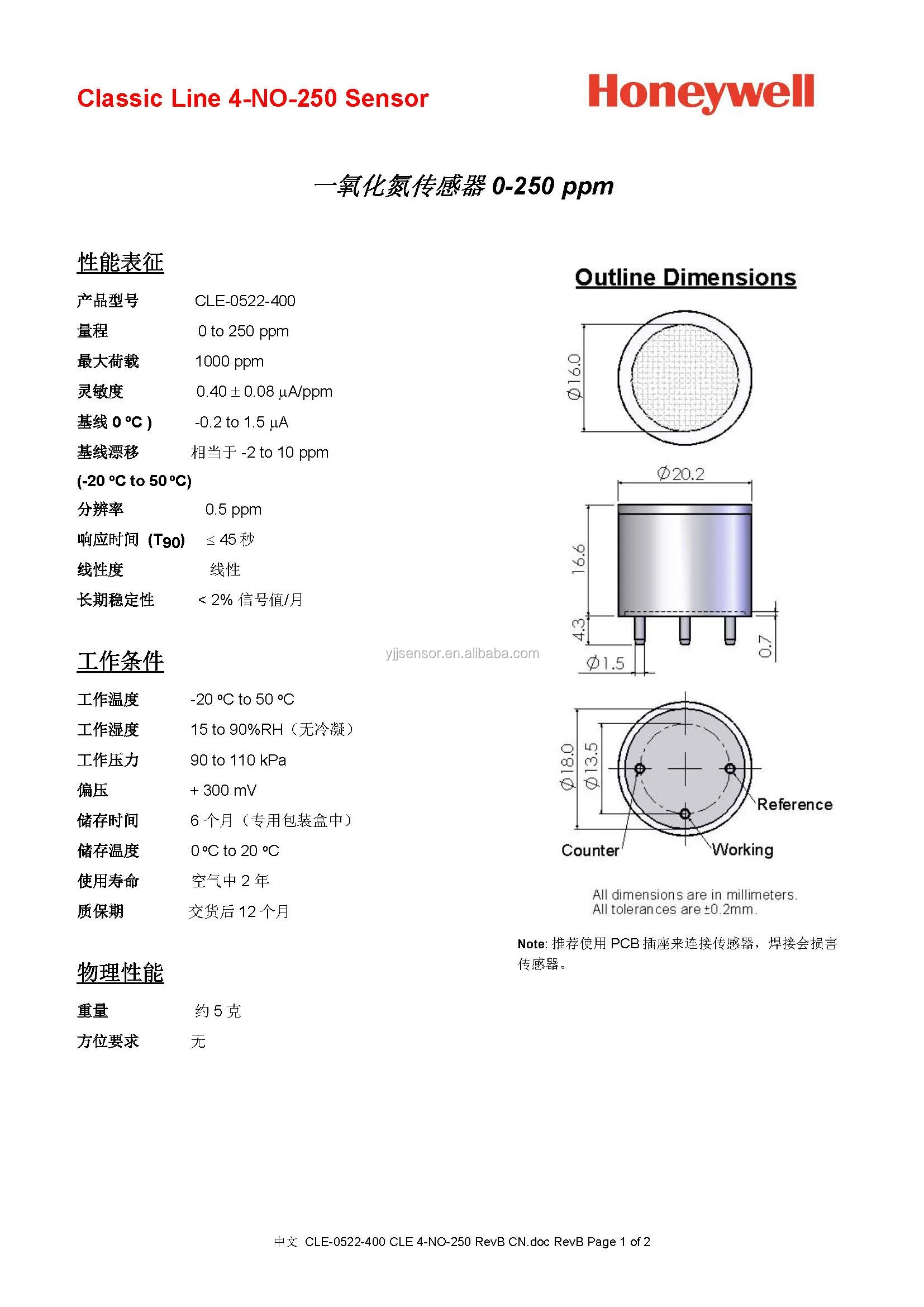 Electrochemical nitric oxide gas sensor classic Line 4NO250 4NO250
