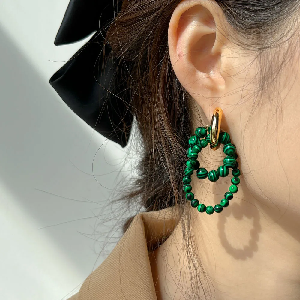 

European Trendy Statement Natural Malachite Beaded Circle Earrings 18k Gold Plated Round Green Beaded Hoop Earrings