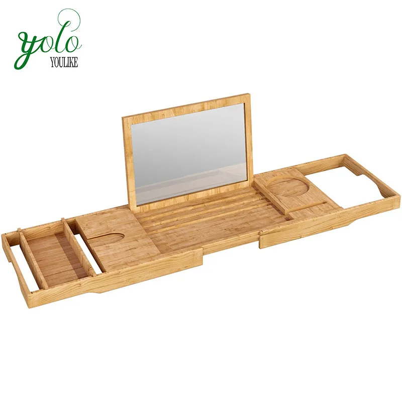 

Extending And Adjustable Bathroom Bamboo Bathtub Caddy and Bath tray with Mirror Book Holder, Natural