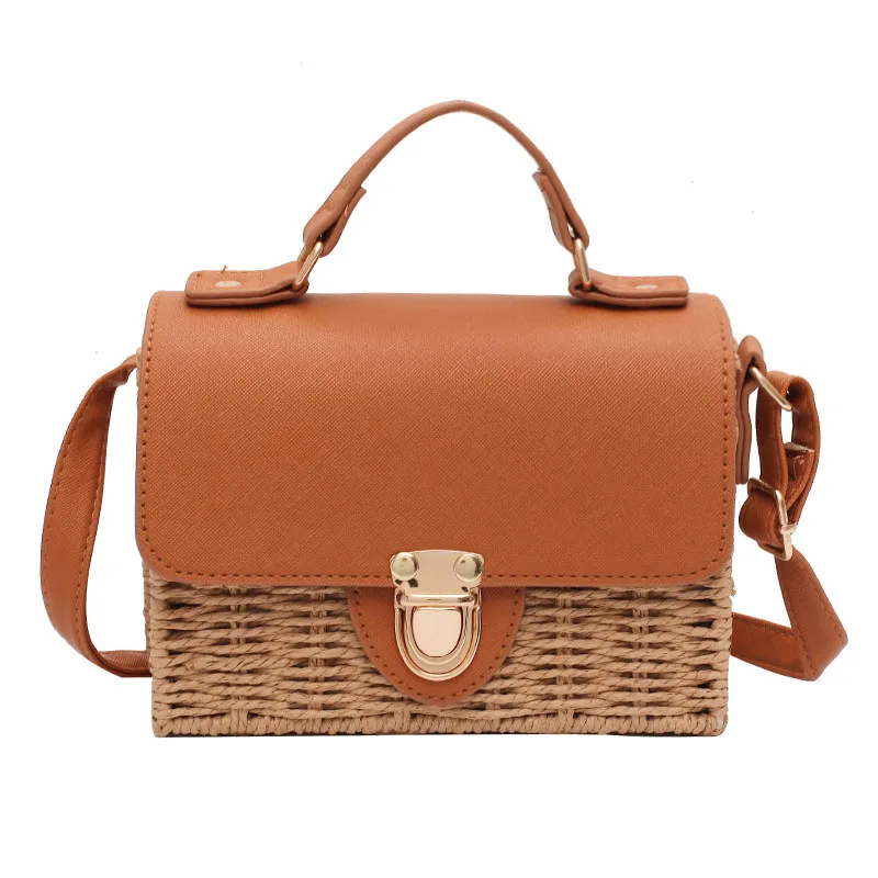 

fashion hand weave travel crossbody shoulder cross eco friendly square straw bags, Brown/khaki