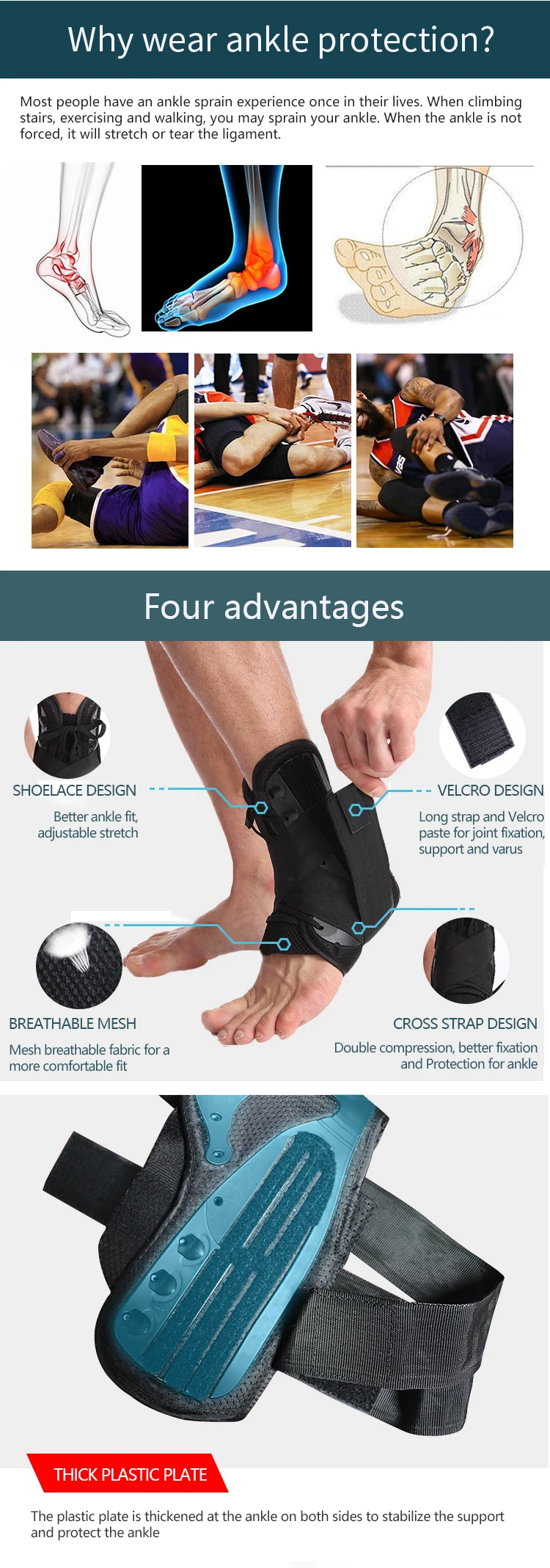 Enerup Black Recovery Tourmaline Metal Leg Lace Up Sport Ankle Support Brace Stailizer