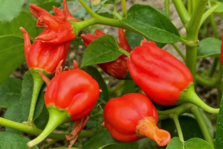 Close-up view of Trinidad Scorpion chili peppers showing their distinctive stinger-like tails and vibrant red color on a plant