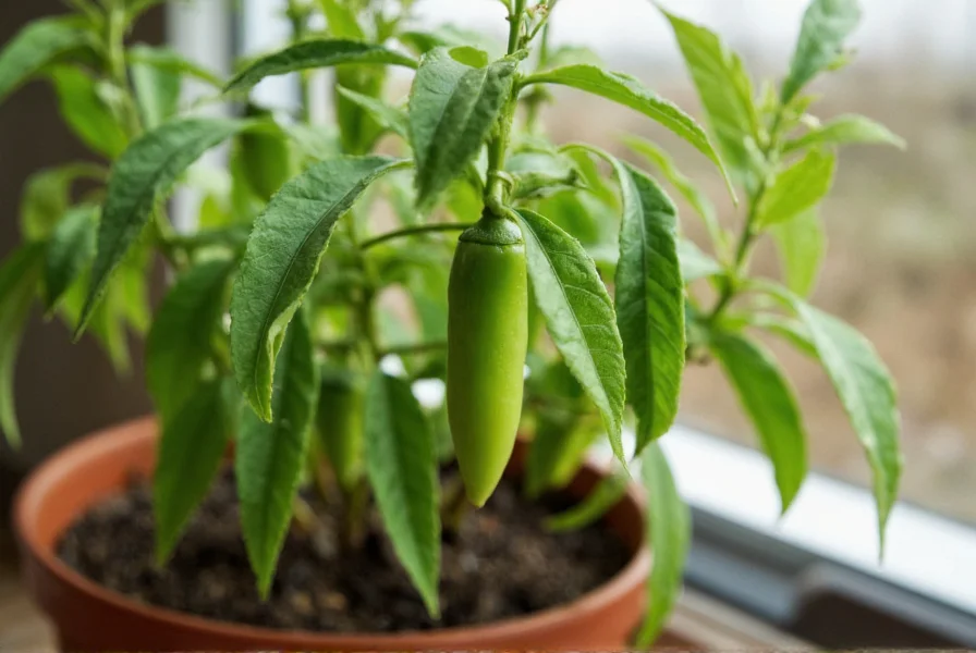 Healthy chili pepper plant growing indoors during winter months with proper lighting and container setup