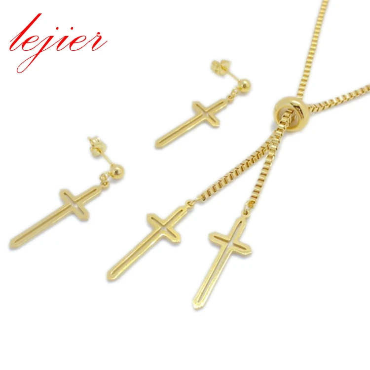 

LEJIER delicate temperament attractive charm jewelry suit flagging cross earrings 18 k gold plated stainless steel necklace