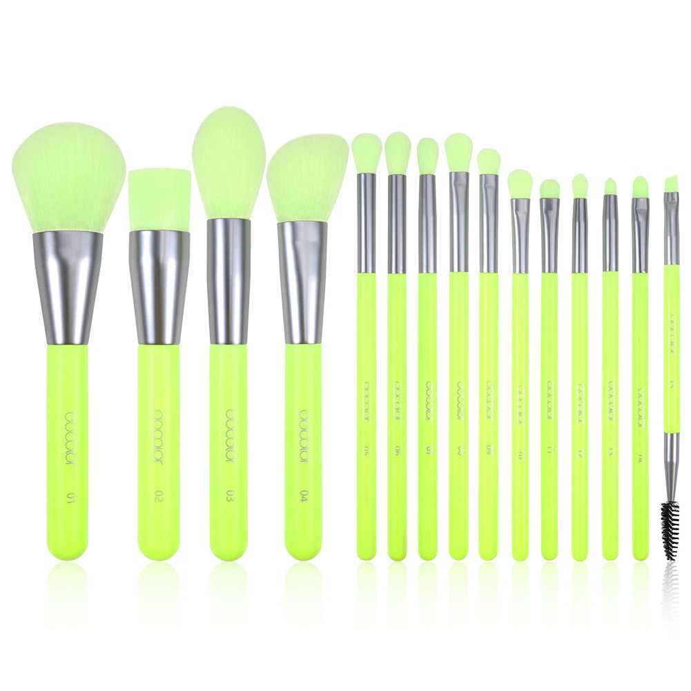 

High quality Docolor N1505 Neon green 15pcs makeup brush set hot selling