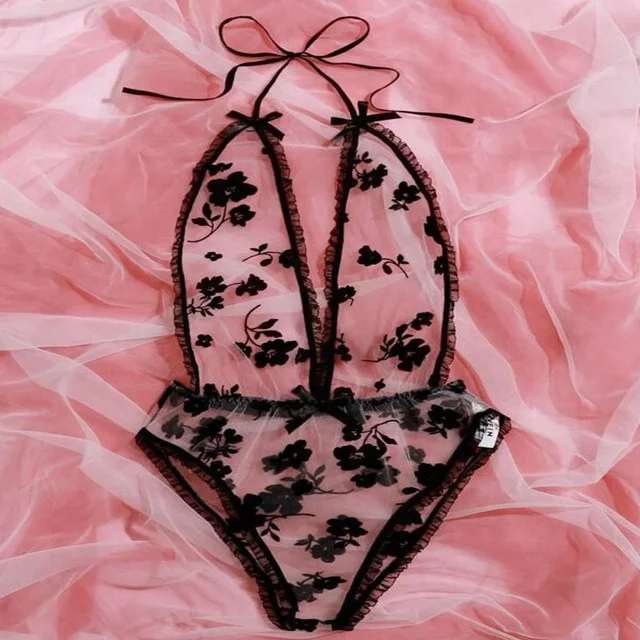 

In Stock Ladies Black Printed See-through Mesh One-piece Sexy Lingerie thong bikini set
