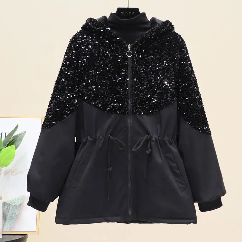 

OUDINA New Arrivals Velvet Thickened Sequin Hooded Cotton Hoodie Bomber Coat Winter Jacket Woman