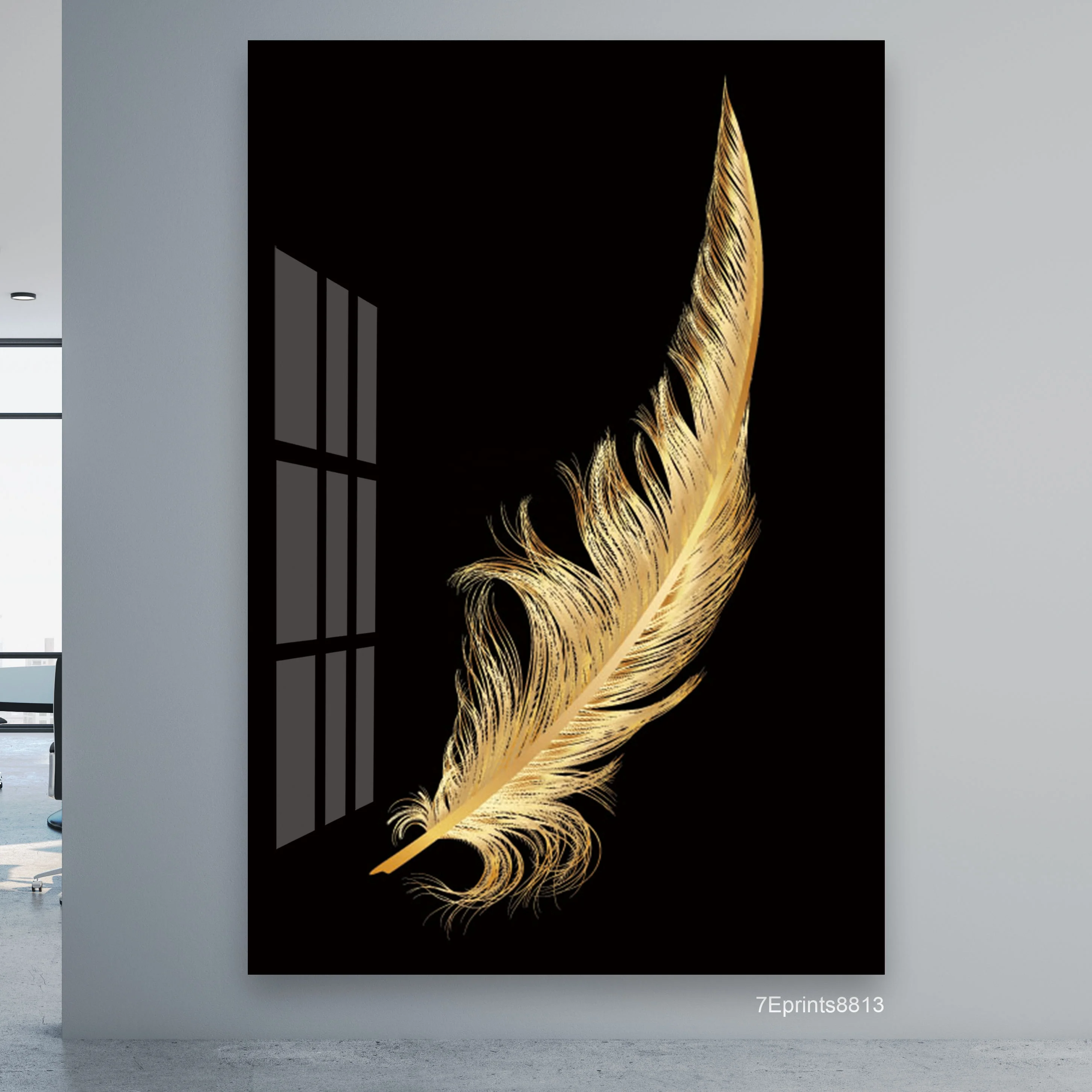 Image of Customize Golden Feather Resin PaintingFeather Acrylic Wall Art Crystal Porcelain PaintingWall Printing For Living Room Decor