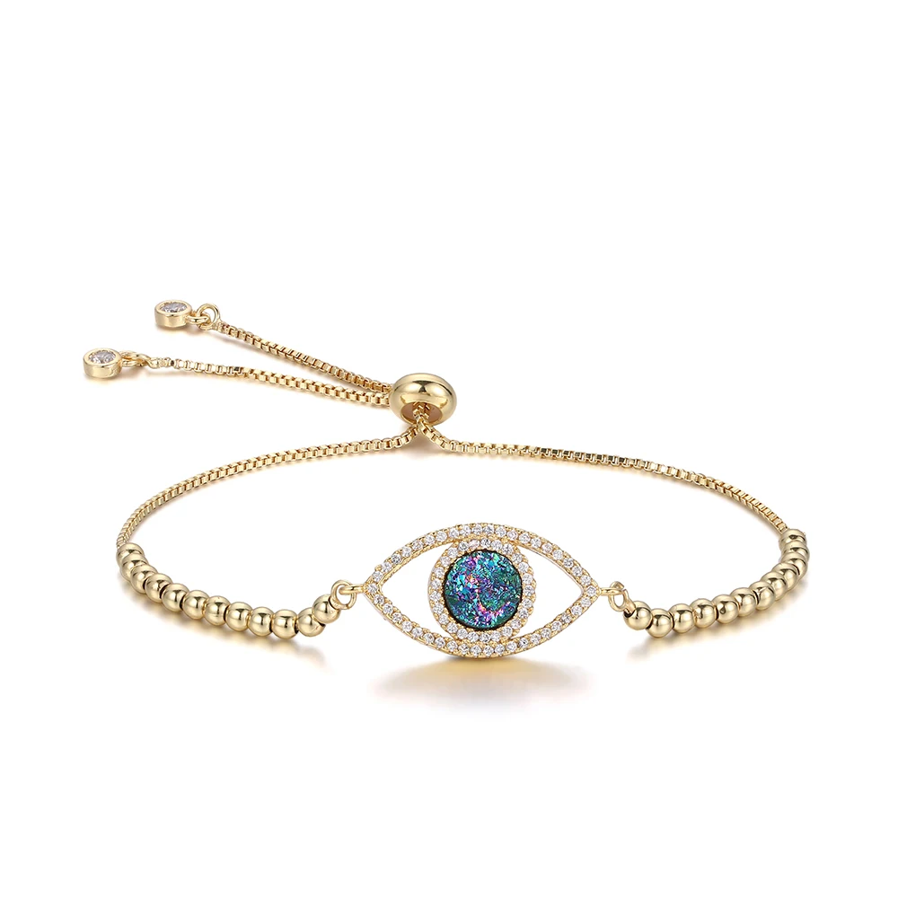 

Fashion micro pave zircon gold plated chain natural druzy crystals healing stones eye evil charm bracelet for women girl, Blue, colorful, opal, champange, black