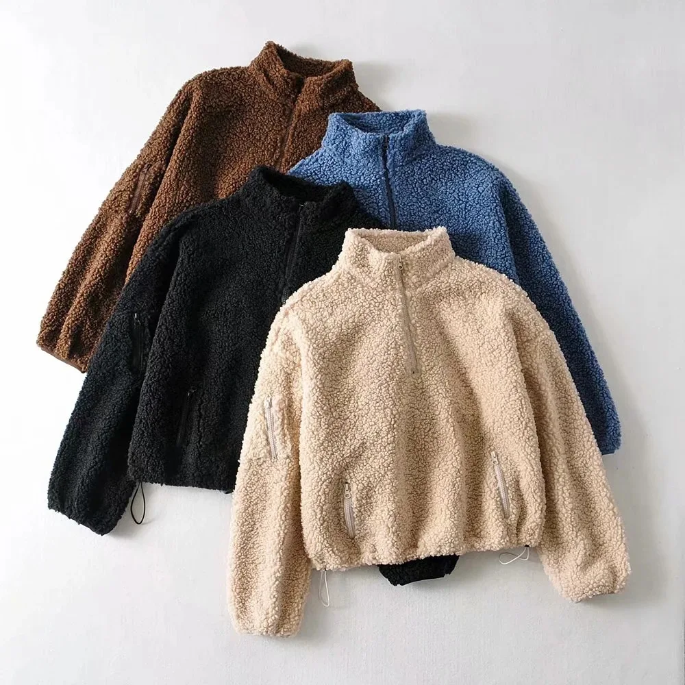 

2021 Autumn And Winter Ladies Lambswool Zipper Sweater Loose Short Paragraph Drawstring Pullover Wool Coat Top, Black, almond, blue, coffee