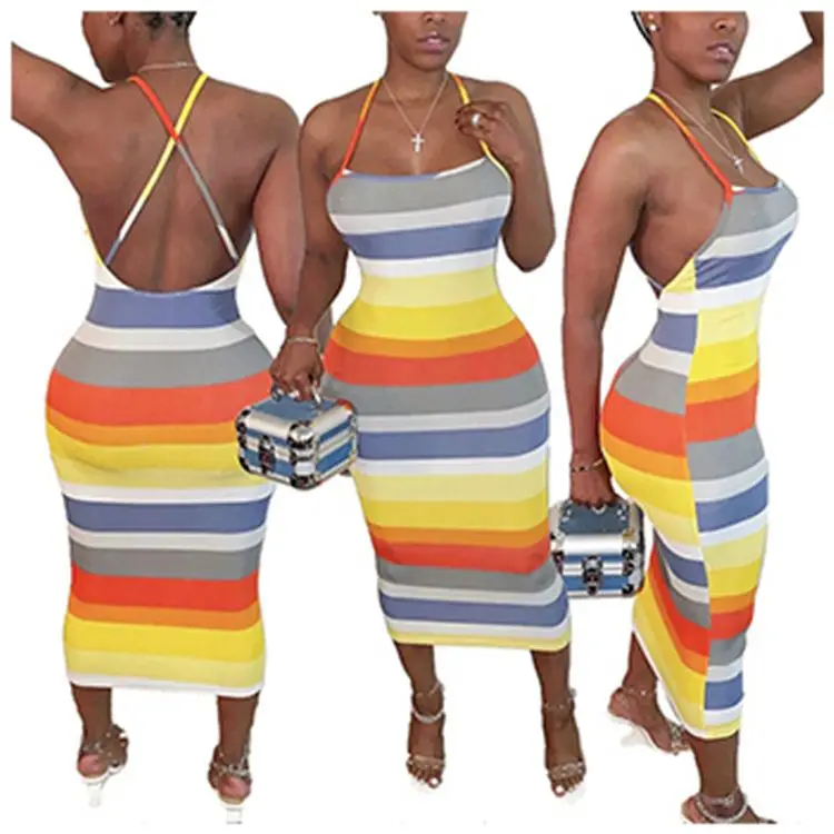 

0620M216 Fashionable Cross Stripe Printed Suspender Backless Clothes Sexy Women Dress Summer Hot Sale Midi Long Dress