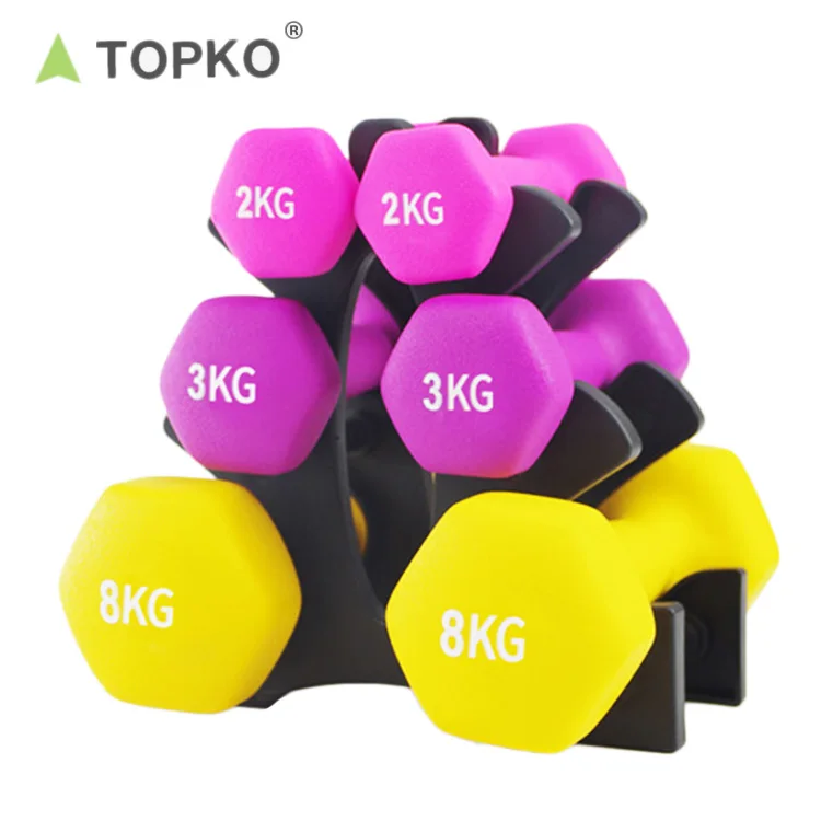 

TOPKO hot sale home gym fitness 10kg 20kg 40kg hex neoprene coated dumbbells set with rack, Blue or customized