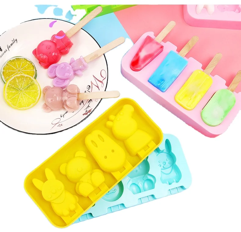 

Children'S 4 Silicone Ice Cream Mold With Cover Cartoon Ice Cream Mold Diy Popsicle Mold To Send Sticks, As shown in the figure below