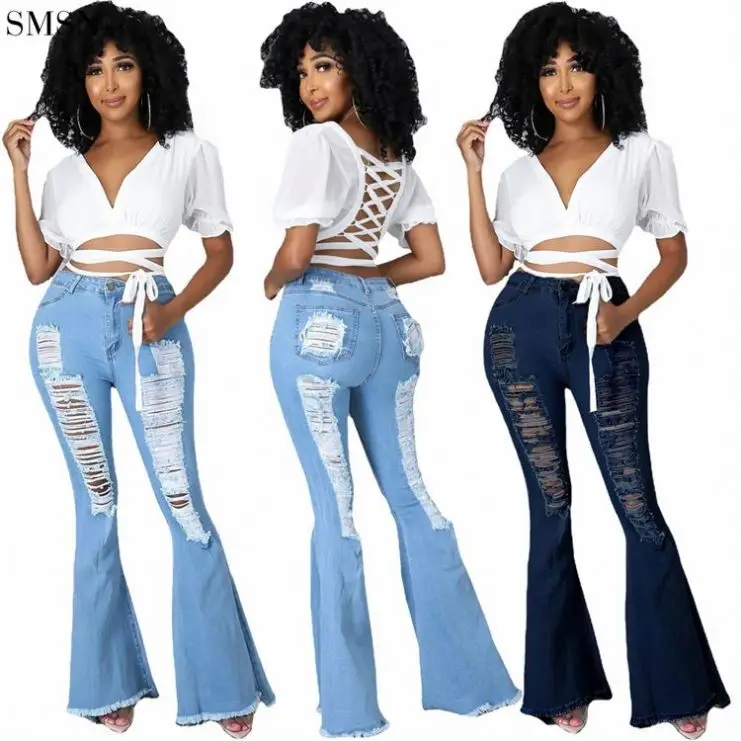 

ONLY Fashion 2021 Solid Color Ripped Casual Woman Pants 2021 Women Denim Jeans Bell Bottom Pants