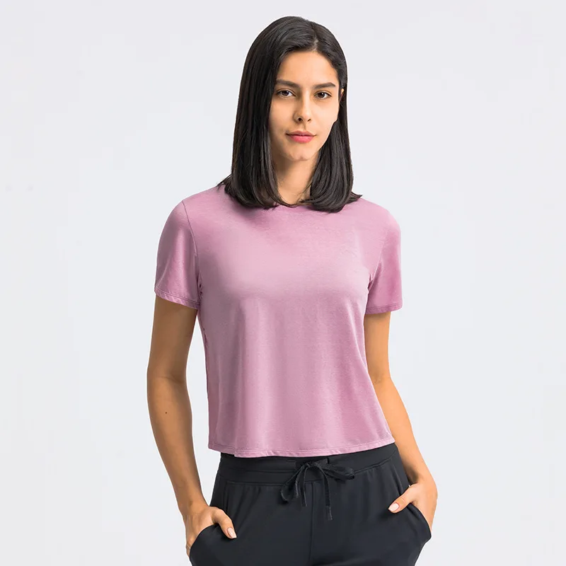 

Purity Color Short Sleeve T Shirt Women Girls wearing Yoga Top Comfortable and Sweat Absorbing Fitness Jogging Wear OEM, As picture showed