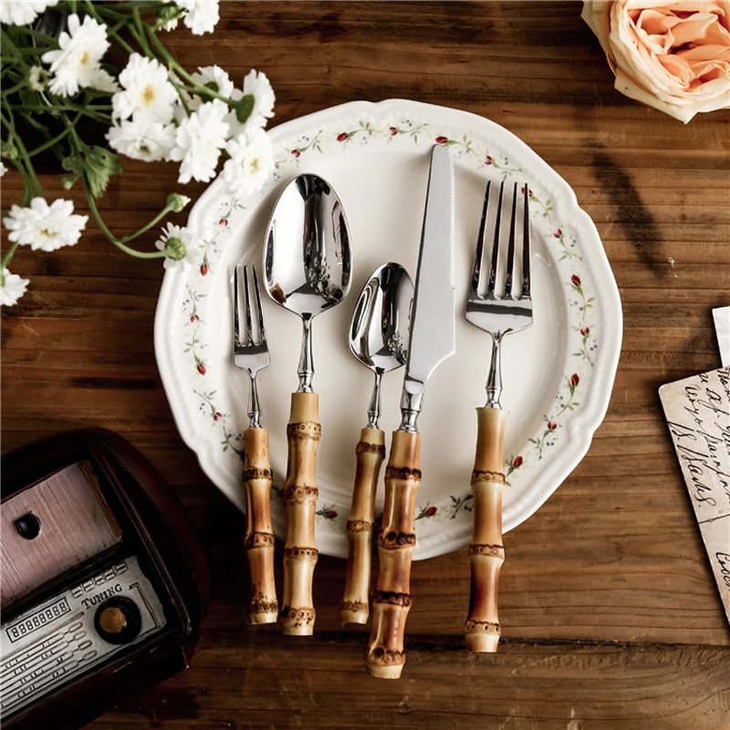 

Best Selling Vintage 18/8 Stainless Steel Silverware Retro Dinner Silver Tableware Bamboo Handle Cutlery Set