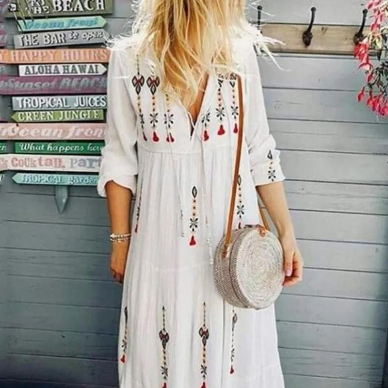 

Bohimian V Neck Printed Long Sleeve Maxi Dress 2021 Summer Casual Shirt Women Dress For Daily Wear And Holiday -SM, White,sky blue,light green,light yellow