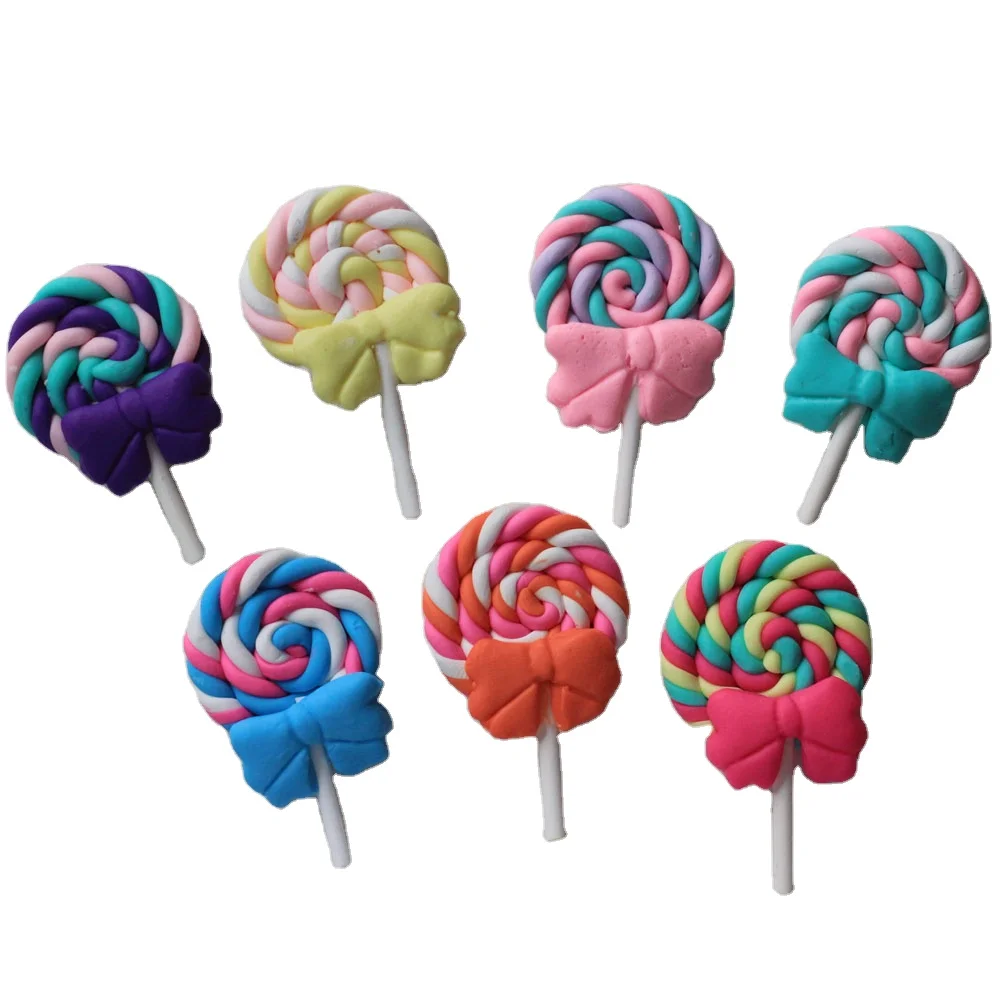 

Beauty Colors Kawaii Spiral Rainbow Lollipop Candy Polymer Clay Cabochons Flatback For DIY Phone Decoration