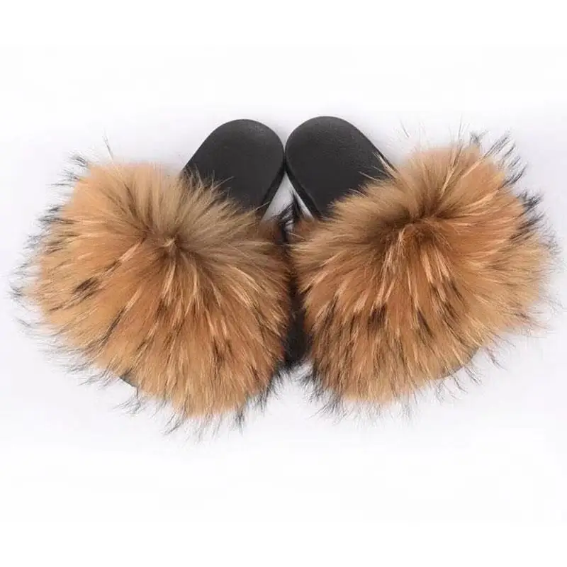 

Fluffy fox fur slippers brown raccoon furry real fur slides for women with logo, Many colors available