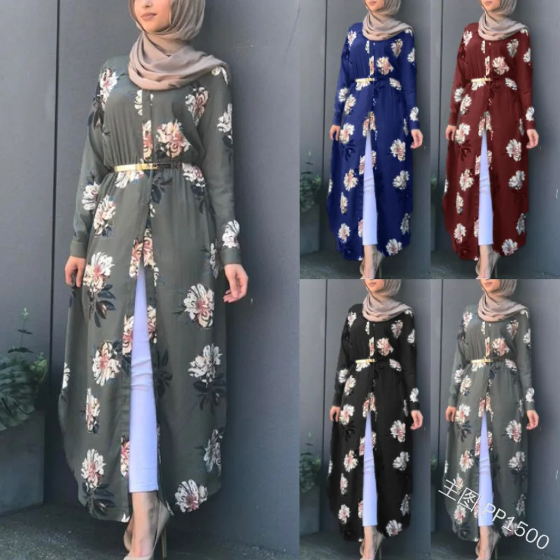 

High Quality Plus Size Fashion Lady Elegant Floral Flower Print Casual Dresses Muslim Maxi Dress