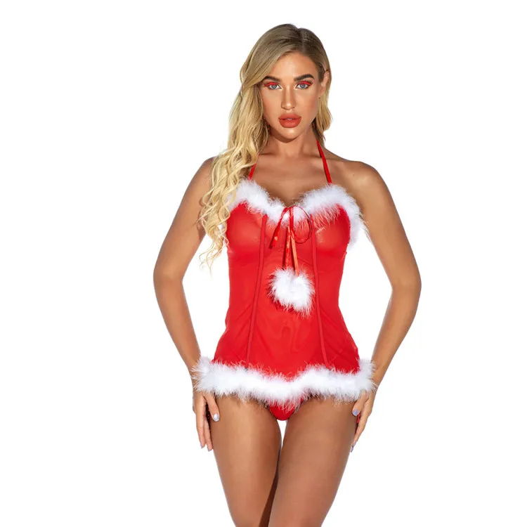 

PoeticExist Sexy Christmas Halter-Neck Mesh Suit Uniform Perspective Lingerie