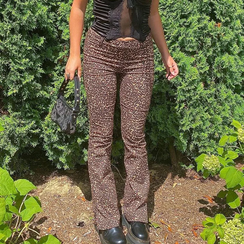 

Trendy Streetwear Leopard Print High Waist Flare Compression Girls Bell Bottom Stretchy Pants, 4colors in stock