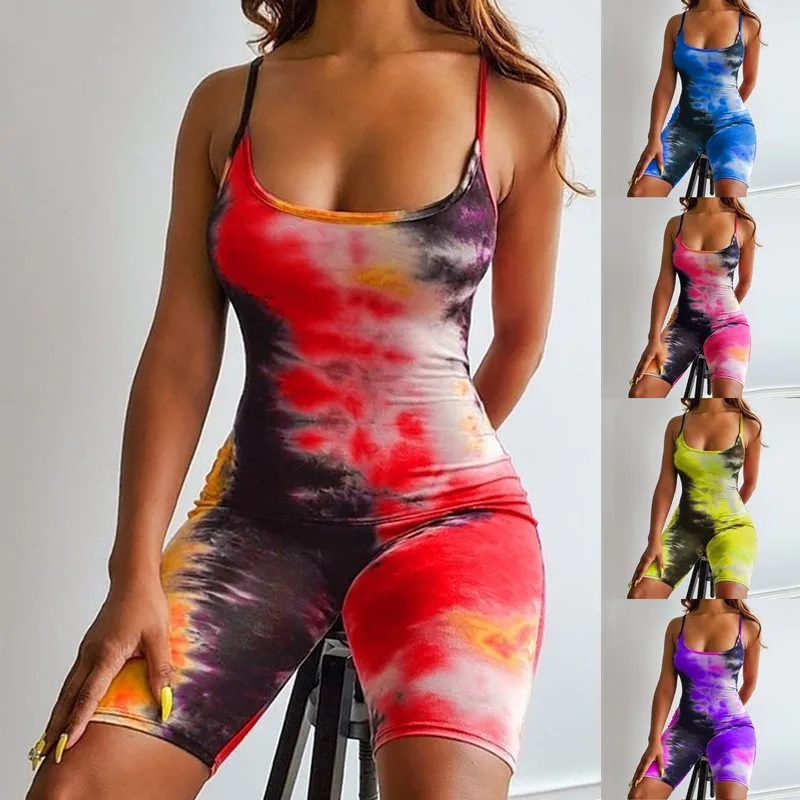 

Sexy Sport Tights Slim Shorts Bodysuit Print Rompers Spaghetti Strap Skinny One Piece Playsuit Tie Dye Bodycon Women Jumpsuits