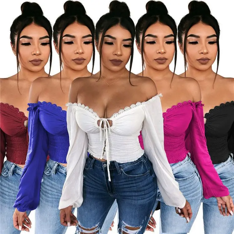 

D96772 Best Seller Off Shoulder Lacing Long Sleeves Fashion Spring Womens Clothing Women Top 2021 Woman Sexy Tops
