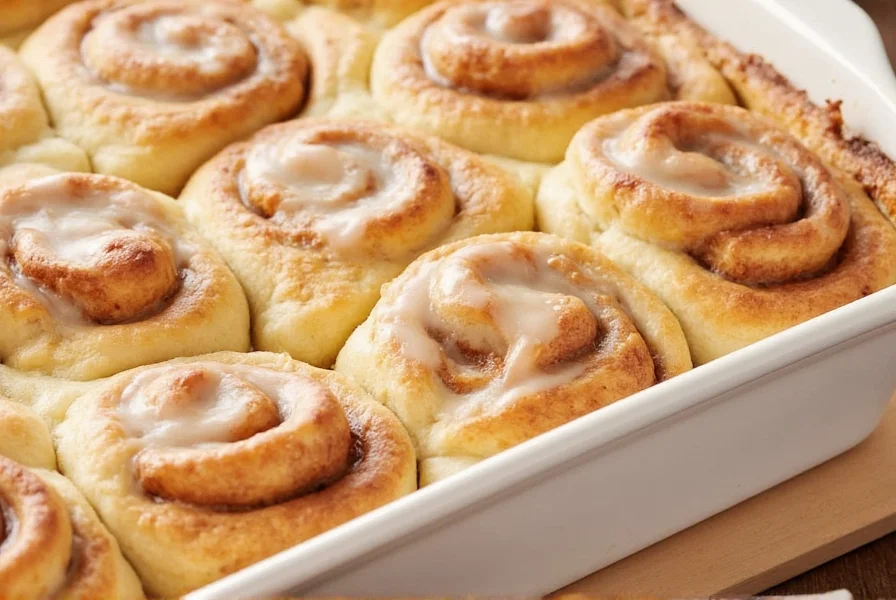 Pillsbury cinnamon roll casserole fresh from oven with melted icing drizzled on top, golden brown with visible cream cheese layers and nut topping
