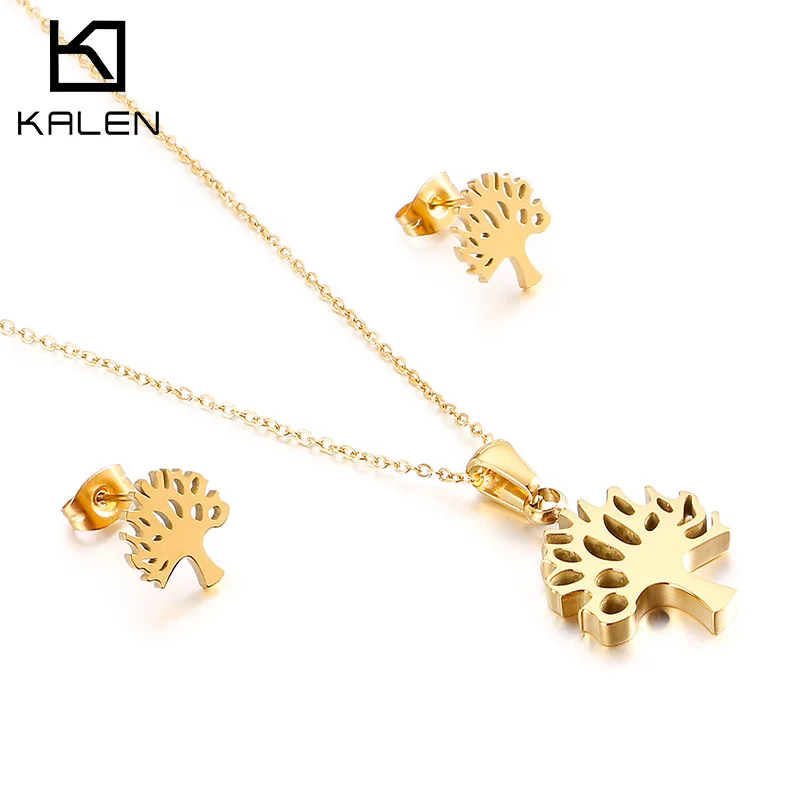 

Hot Sale Women Earing Necklace Set Stainless Steel Tree Necklace Fashion Party Jewelry Sets, Gold,sliver