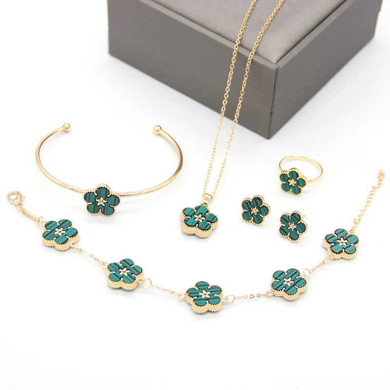 

5pcs/set high quality gold plated necklace earring bracelet sets luxury brand acrylic flower jewelry set for women