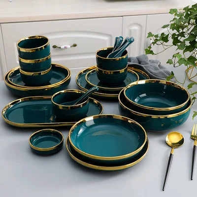 

Wholesale Nordic Dark Green Crokery Fine Bone China Tableware Porcelain Ceramics Plates Dinnerware Dinner Set