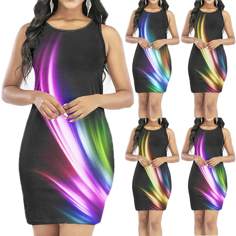 

2021 New Summer Women's Northern Lights Gradient Printing Maxi Dress Casual Sexy Hip Skirt Slimming Short Skirt for Women, Blue, purple, yellow