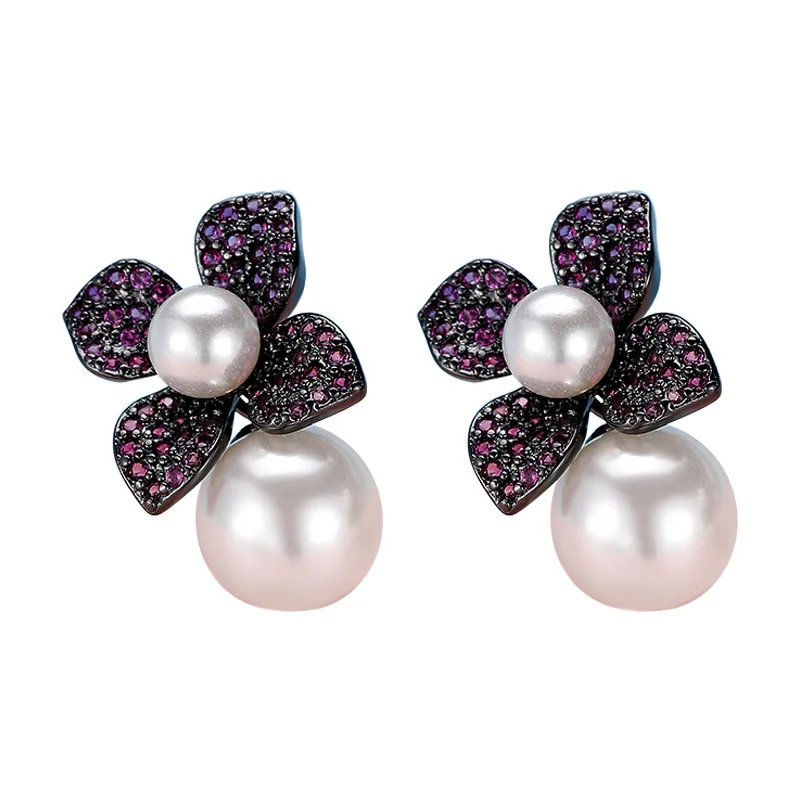 

S925 white fungus needle four-leaf clover flower gun black earrings female net red fashion explosion pearl earrings