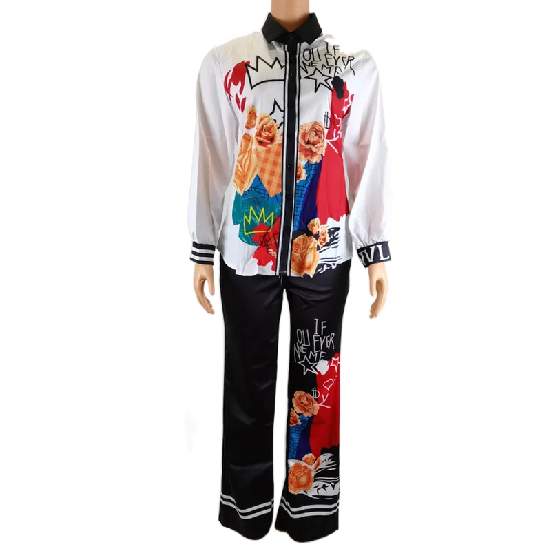 

african women female Casual foral printing Blouse top shirt and pant Trousers two pcs Set for working in office, Customized color