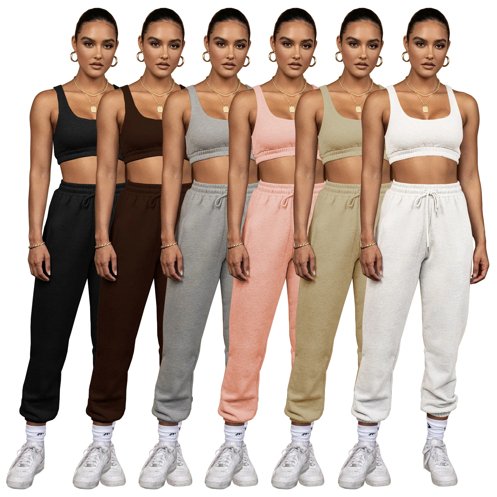 

Ready to Ship Wholesale 2 Piece Sets Women High Quality Custom Joggers 2 Piece Crop Tops Two Piece Pants Set Cotton Biker Shorts, As shown