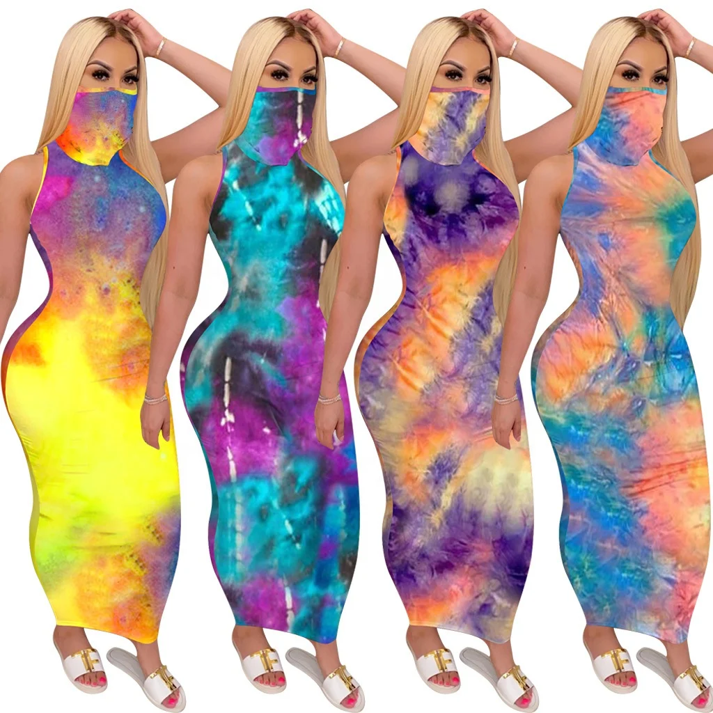 

AI61-4033 New summer sleeveless outfits women tye dye maxi dress with bandana