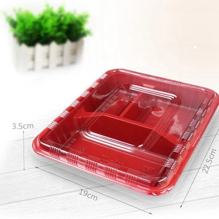 

Microwavable eco plastic takeaway bento box disposable 3 compartment, Box:reddish black;lid:transparent