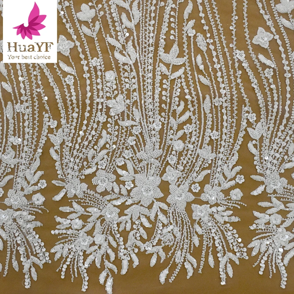 

Luxury pure white beaded sequins embroidered heavy beads wedding lace dress European style HY1778-2