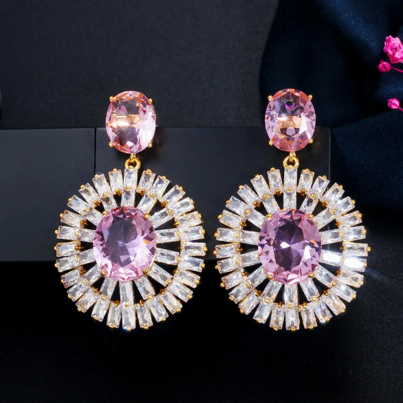 Top Quality Gorgeous Pink Sapphire White CZ Topaz Crystal Round Drop Earrings for Women 18K Gold Plated Party Jewelry Gift