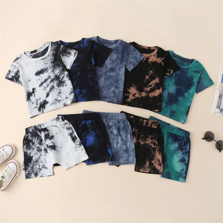 

Summer Wholesale Toddler Baby Boy Girl Outfit Sweatshirt Tie Dye T Shirts Tops Unisex Shorts Pants Set Kids 2Piece Clothes Set, Customized color